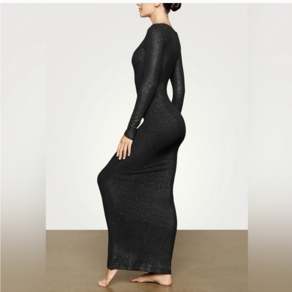 Skims soft lounge long sleeve square neck maxi dress onyx foil sz med - Picture 2 of 10
